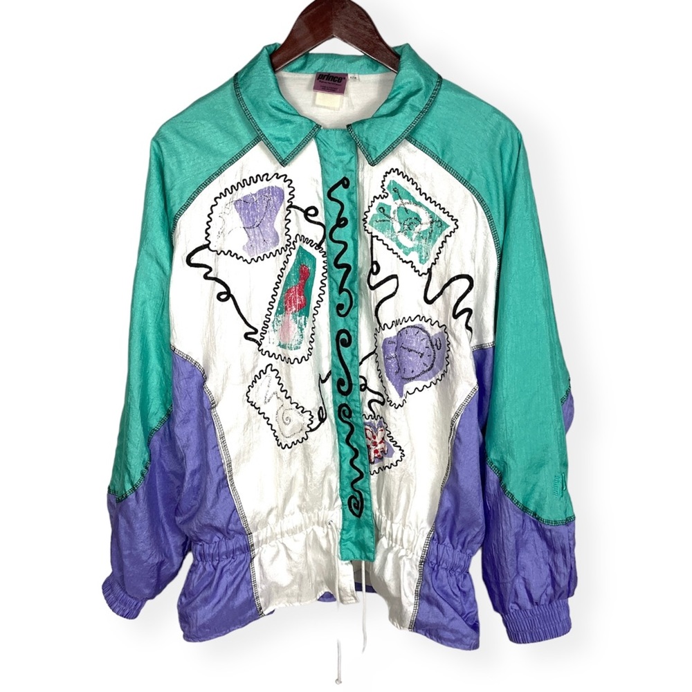 Prince Sports Wear Vintage Windbreaker Jacket-Teal & Purple-Size Large